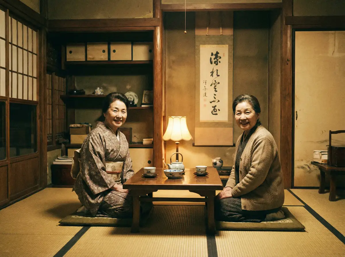 两位优雅的 打蜡苹果 在日式茶室中品茶交谈